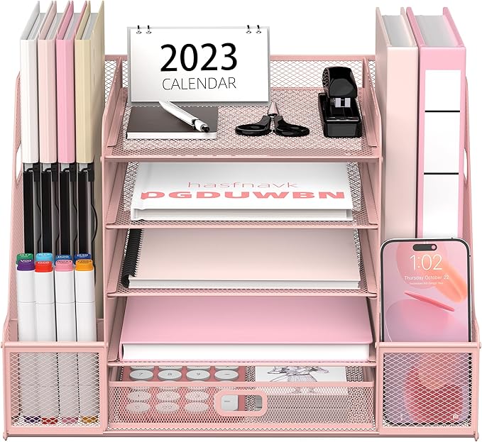 SUPEASY Mesh Desk Organizer with File Holder, 5-Tier Paper Letter Tray Organizer with Magazine Holder, Desktop Organizer and Storage with Drawer for Office Supplies Home or School (Pink)