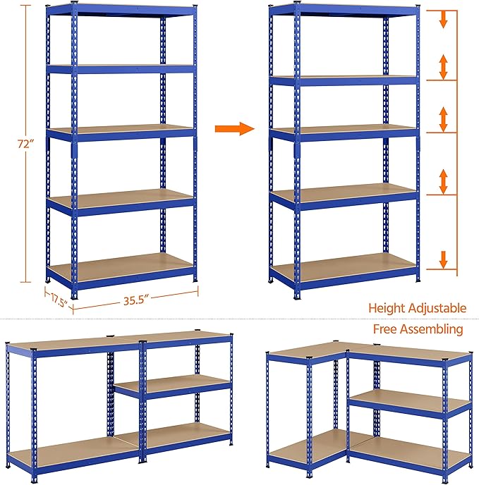 Topeakmart 5-Tier Utility Shelves, Metal Storage Shelves Garage Shelving Unit Adjustable Garage Storage Shelves Storage Racks Heavy Duty Shed Shelving- Blue, 35.5 x 17.5 x 72 Inch