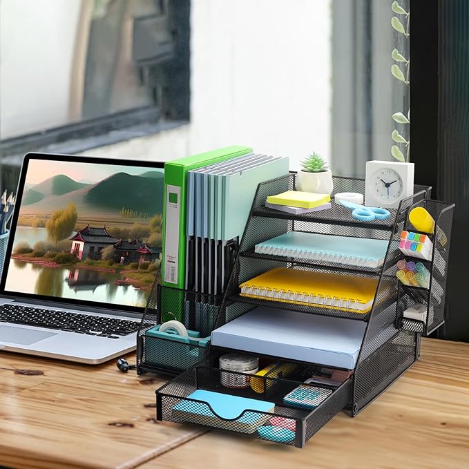 GALASALA Mesh Desk Organizer, 5 Tier Paper Letter Tray with Extra Vertical File Sorter, Sliding Drawer and Pen Holders for Desk Accessories Office Supplies, Black