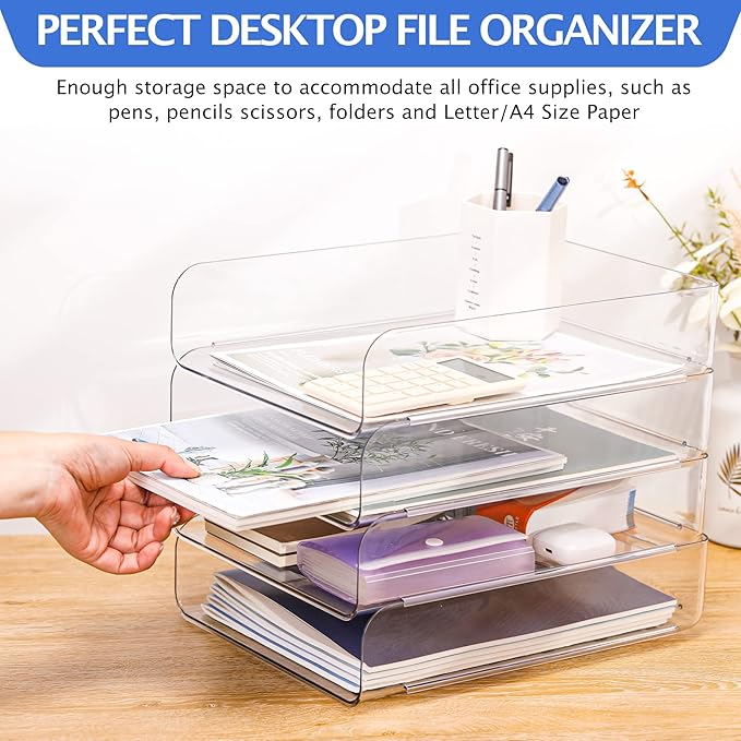 Set of 4 Office Organization and Storage, Clear PET Letter Tray Desk Organizer, Stackable Document Organizer and File Paper Organizer for Office Supplies