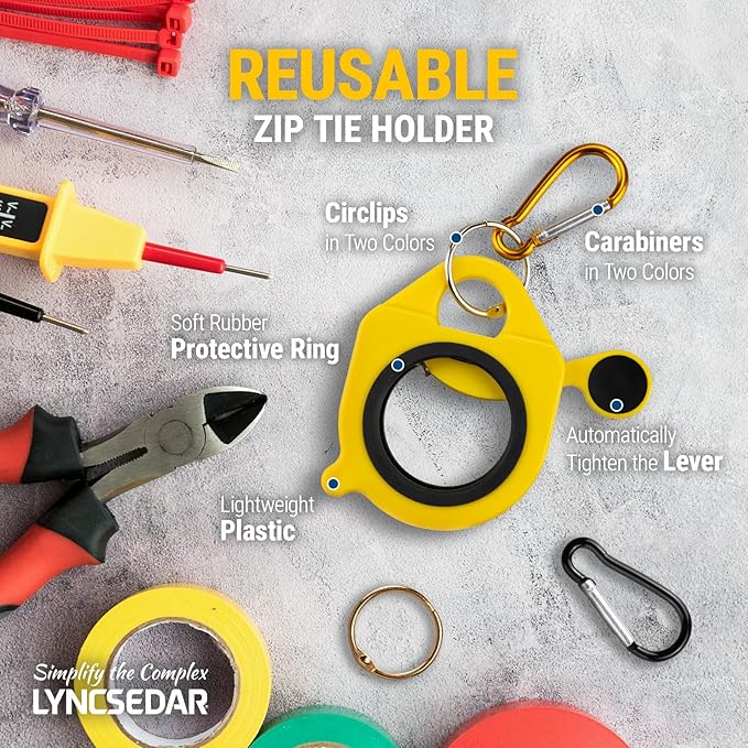 4Pack Zip Tie Holder for Tool Belt, Yellow Zip Tie Organizer, Dual Color Carabiner Clip and Circlip, Tradie Bits Cable Tie Holder to Help Electrician with Storage of Ziptie or Ties Holders
