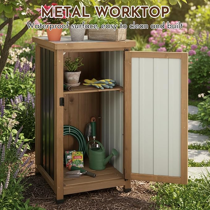 Outdoor Storage Cabinet with Metal Worktop, Fir Wood Frame & Adjustable Shelf, Weather-Resistant Garden Tool Organizer for Patio, Porch, Balcony, or Garage,18" L x 18" W x 33.5" H