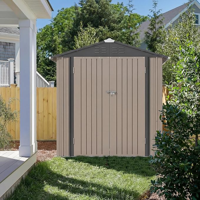 JUMMICO Metal Outdoor Storage Shed 6 x 8 FT Metal Shed with Lockable Door,Waterproof Garden Tool Shed Storage House for Backyard Patio Lawn,Brown