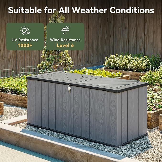 Aoxun Horizontal Storage Sheds 21 Cu.ft, HDPE Outdoor Storage Box 160 Gallon, Waterproof Lockable Resin Deck Box with Spring-Assisted Lid, Patio Storage for Garden, Pool, Cushions, Tools, Gray