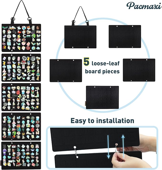 Hanging Enamel Lapel Pin Display Panels Organizer With 5 Loose-leaf Board Pieces, Brooch Pin Enamel Pin Display Pages, Badge Collection Display Holder Holds At Least 120 Pins.(Pins Not Included) (Black)