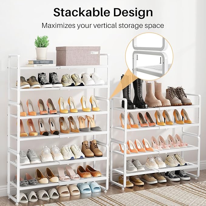 Shoe Rack - Expandable Shoe Organizer for Closet, Adjustable Metal Shoe Shelf Storage, Stackable Long Shoe Stand Holder for Garage, Entryway, Door Entrance (White, 4-Tier)