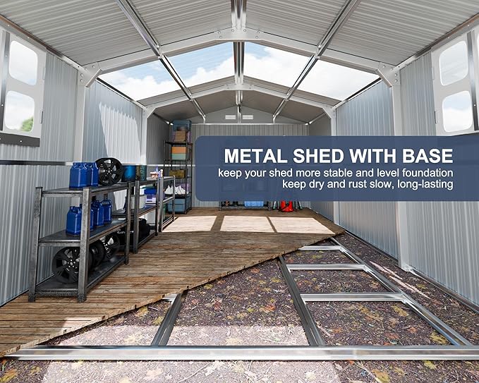 10x16 FT Metal Outdoor Storage Shed with Unique Floor Base Clear Roof Window Lockable Double Door Vent Heavy Duty Reinforced Frame Waterproof Sheds for Garden Large Lawnmower Tool,Dark Grey