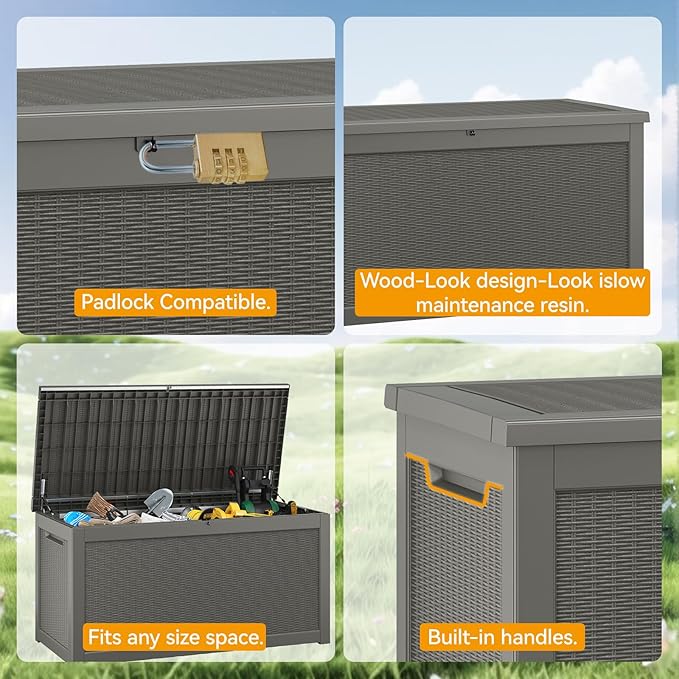 KAMABOKO 260 Gallon Outdoor Storage Box, Resin Deck Boxes Indoor and outdoor, Waterproof Storage Box Lockable Lid for Garden Tools, Package Delivery, Patio Cushions, Grey