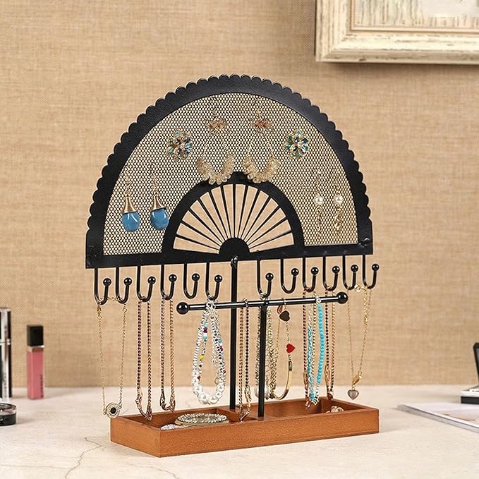 TANG SONG 11" Metal Fan-Shaped Jewelry Display Stand – Earring & Necklace Organizer Holder for Bracelets, Chains for Home Display