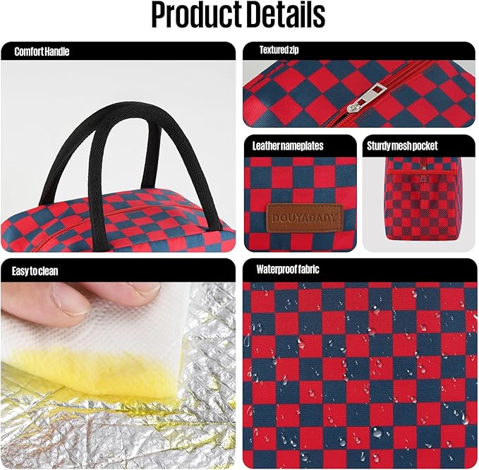Lunch Bag Women/Men Lunch Box Women/Men (Dark blue+Red Checkerboard)