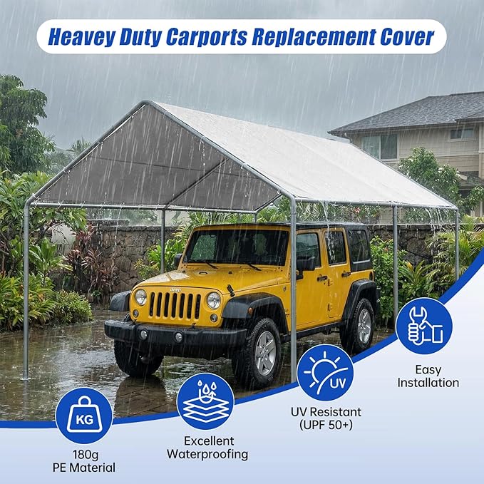 10x20Ft Carport Replacement Canopy Cover, Heavy Duty Waterproof Garage Top Shelter Cover Car Canopy with Ball Bungees(Frame Not Include)