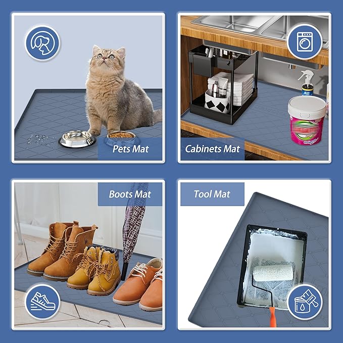 URMONA 34" x 22" Waterproof Silicone Mat in Multiple Sizes & Colors, Under Sink Mat for Kitchen & Bathroom, Pet Food Pad for Dogs & Cats, Kitchen Cabinet Liner, Multi-Purpose for Storage(Khaki)