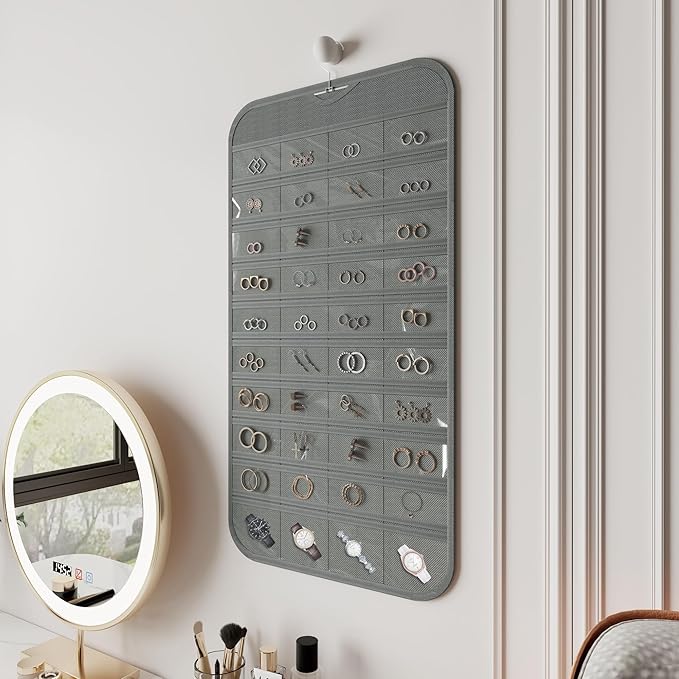1 Pack Hanging Jewelry Organizer 80-Pocket Dual-sided Jewelry Storage for Earring Necklace Bracelet Ring Travel Holder, Gray