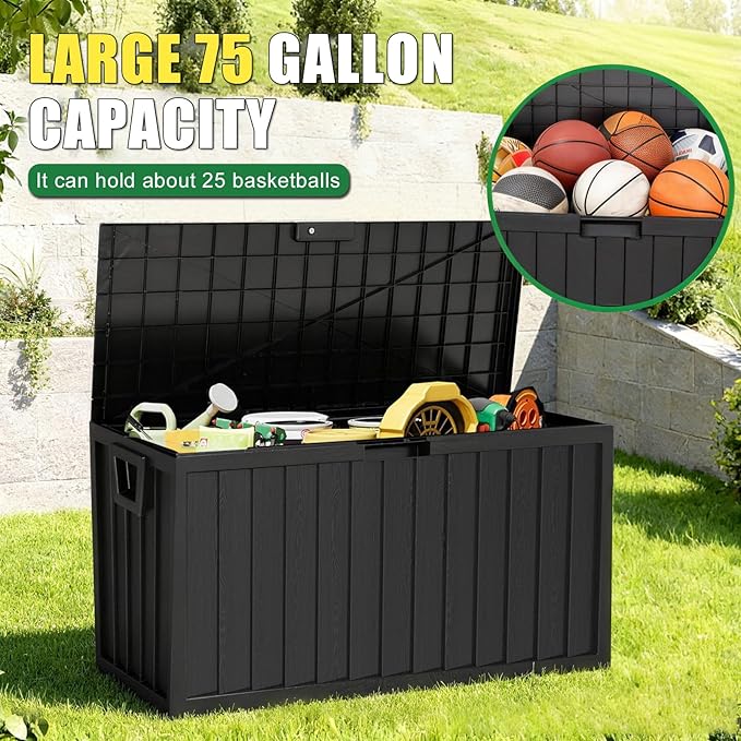 75 Gallon Outdoor Storage Box Waterproof,350LBS Lockable Patio Storage Box for Patio Cushions,Garden Tools and Tools Storage,Outside Storage Box-Black