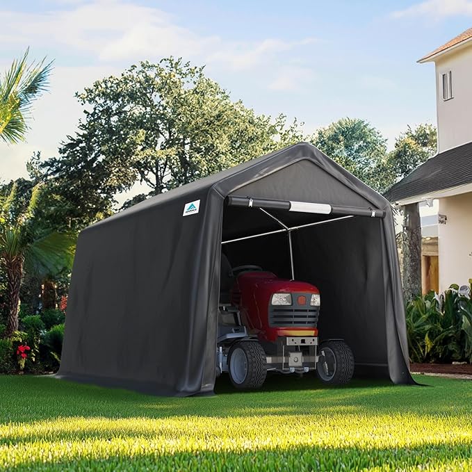 ADVANCE OUTDOOR 8x14 ft Steel Metal Peak Roof Portable Garage Shelter Storage Shed Carport for Motorcycle, Bike or Garden Tools with 2 Roll up Doors & Vents, Gray