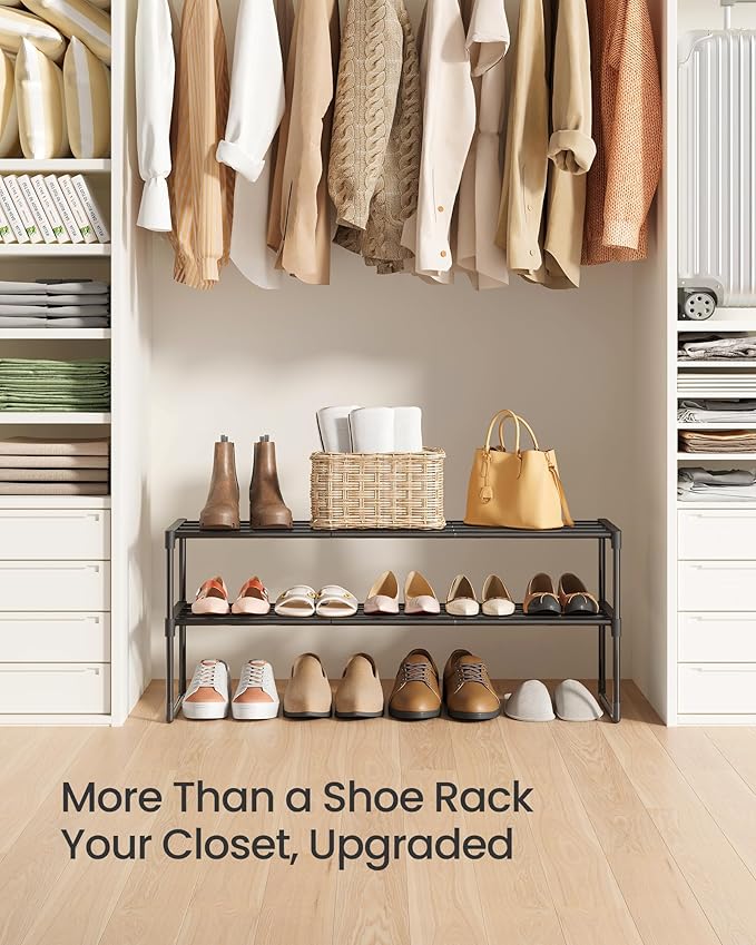 SONGMICS Shoe Rack, 2-Tier Shoe Organizer, Metal Storage Shelf, Upright or Upside Down, for 12-15 Pairs, Stackable, for Entryway, 11.8 x 36.2 x 13.4 Inches, Black ULSA12BK