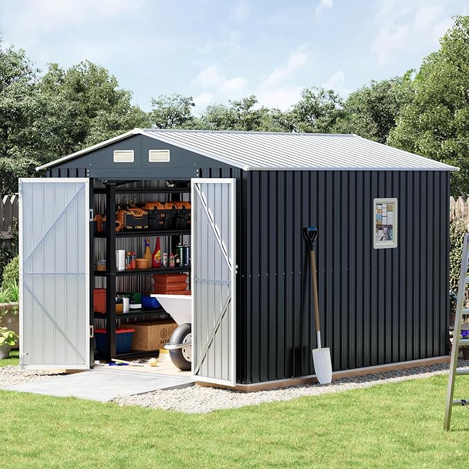 Breezz 10X8FT Outdoor Steel Storage Shed with Clear Window, Lockable Doors, Weather-Resistant Metal Tool Shed for Garden, Backyard, Patio, and Utility Storage