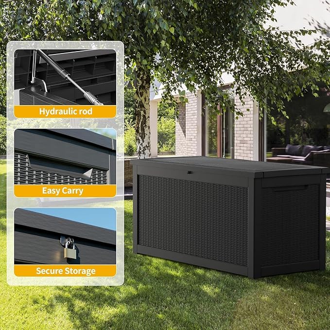 Outdoor Storage Box 320GAL Waterproof Resin Deck Box,UV-Resistant Lockable Delivery Bin for Garden Tools,Large Patio Outside Cushions,Pool Accessories Supplies,Chest,Furniture,Package,Black