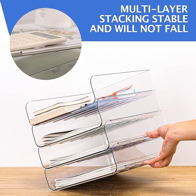 Set of 4 Office Organization and Storage, Clear PET Letter Tray Desk Organizer, Stackable Document Organizer and File Paper Organizer for Office Supplies