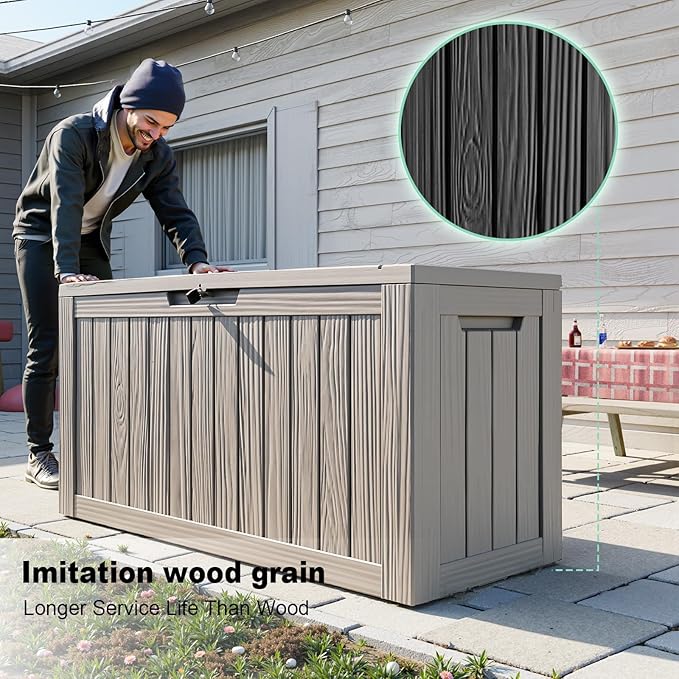 80 Gallon Outdoor Deck Box,Waterproof Resin Outdoor Storage Boxes, Outside Storage Lockable Container for Garden Tools,Indooor Cushions,Accessories (Grey)