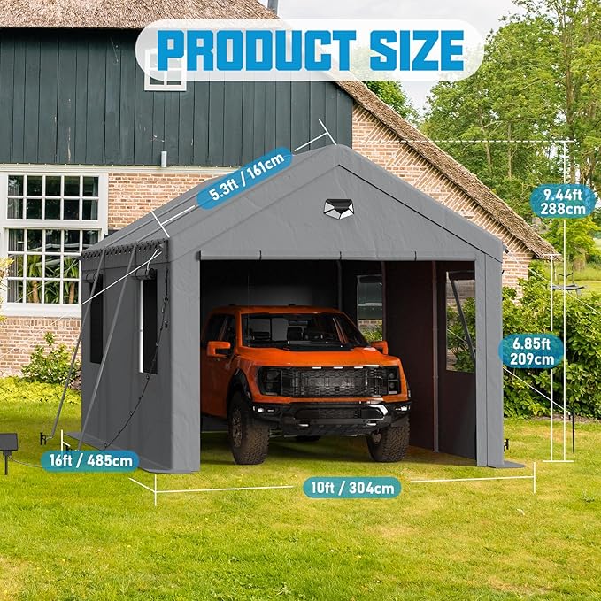 Carports Canopy 10x20 Heavy Duty, Portable Car Port Garage with Roll Up Drive Through Doors, Grey