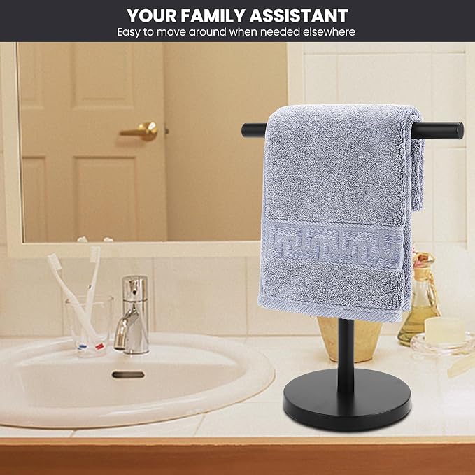 T-Shape Bath Hand Towel Holder Stand, Stainless Steel Free Standing Hand Towel Rack with Heavy Base, for Bathroom Kitchen & Countertop, Matte Black
