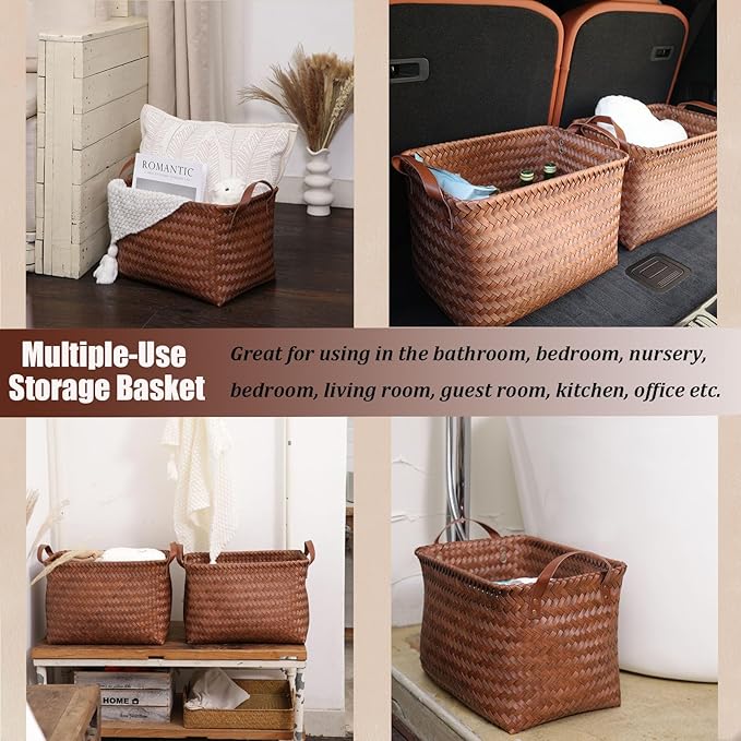 BROWNLILY Handwoven Clothes Basket Laundry Hampers Large Wicker Storage Baskets for Shelves Blankets Closet Storage Bins Car Bedroom Bathroom Organizers and Storage Bath (9, Brown)