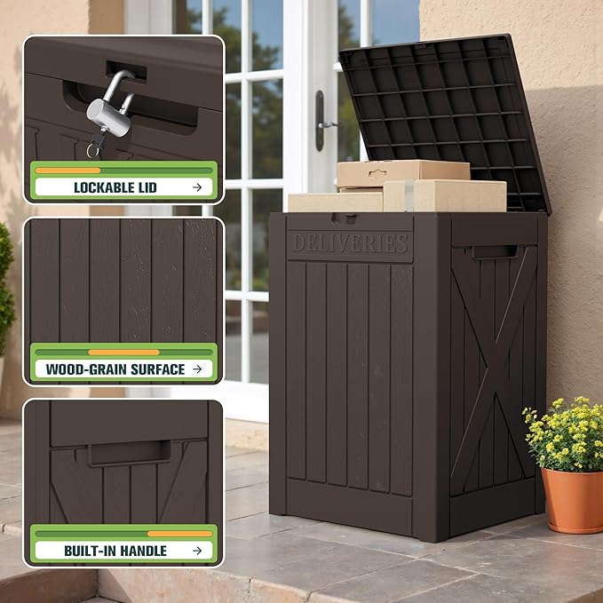Greesum 52 Gallon Large Outdoor Package Delivery Box for Porch, Lockable Secure Double-Wall Resin Storage Box, Waterproof Deck Box for Package Protection, Brown