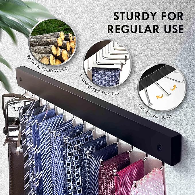 2Pack Tie Rack Wall Mounted, Wooden Belt Hanger Tie Organizer for Men with 28 Folding Hooks, Space Saving Tie Holder and Belt Rack for Closet Wall Mount, Black