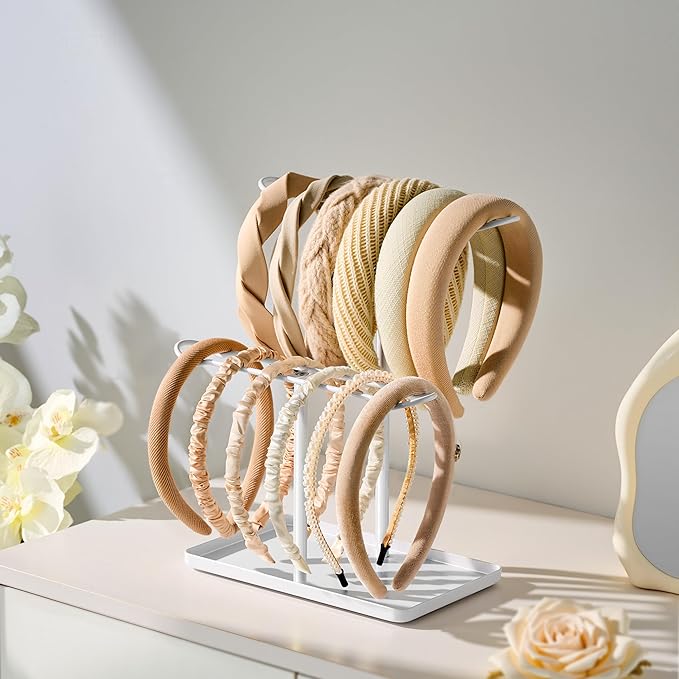 Headband Holder Organizer for Hair Accessories: Headband Storage Vanity Hair Clip Organizer, Two-Tier Stand with Storage Tray for Girls Women, Jewelry Necklace Rack for Vanity, Bathroom, White