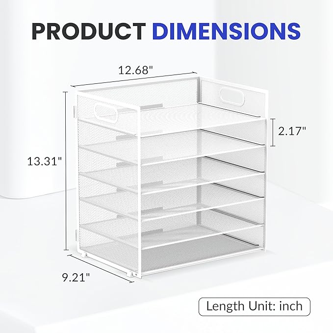 Daltack 6 Tier Paper Organizer for Desk, Paper Letter Tray Organizer for Desks, Mesh Desk File Organizers with Handle for Office, Home, School, White, 2 Pack