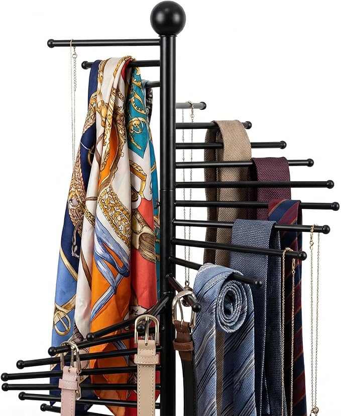 Multi-functional spiral organizer, free-standing design with 30 rods. Ideal for storing multiple scarves, hijabs, and clothes while saving space (42x170cm/17x67in). (black)