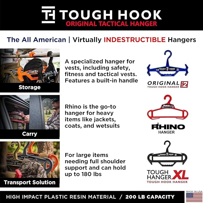 Tough Hook Original Heavy Duty Hangers – The Superhero of Hangers USA-Made, Anti-Slip ABS Resin Tactical Hanger for Police Gear, Scuba Gear & Dive BCD – DuraResin 200-lb Cap Wetsuit Hanger, 1 Foliage