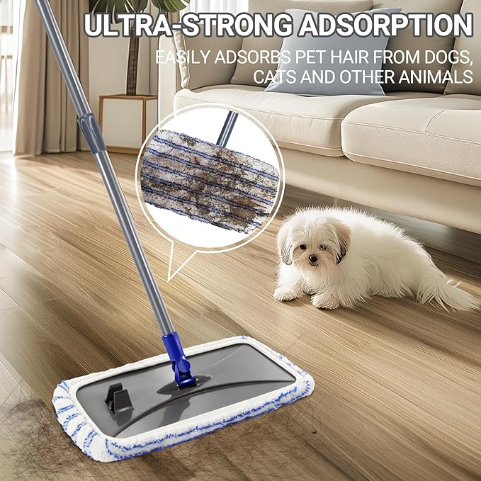 Masthome Extra Large Microfiber Mop for Floor Cleaning, 16“ Flat Mop with 5 Pad for Wet & Dry Use, Dust Mop for Hardwood Laminate Tile Ceramic, 1 Cleaning Scraper Included-Blue