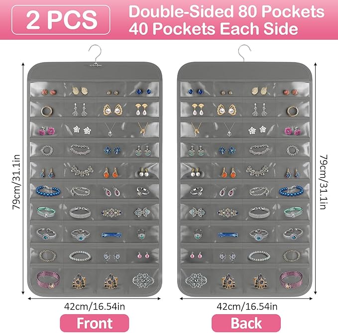 Hanging Jewelry Organizer for Closet with Swiveling Hanger, 17 x 30 In, 80 Clear Pockets Jewelry Organizer Hanging for Jewelries, Earrings, Accessories (Beige) (2, Gray)