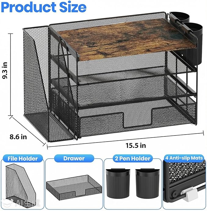 OPNICE Desk Organizers and Accessories, 4-Tier Desktop File Organizer with Drawer and 2 Pen Holders, Office Desk Accessories Workspace Organizers for Office Supplies(Wood)
