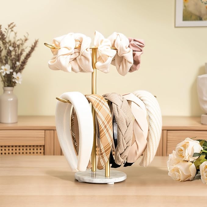Headband Holder Organizer Two-Tier with Marble Base: Jewelry Display for Women, Hair Accessories Storage Stand Scrunchie Necklace rack for Girls, for Bathroom, Vanity, Dresser, Gold