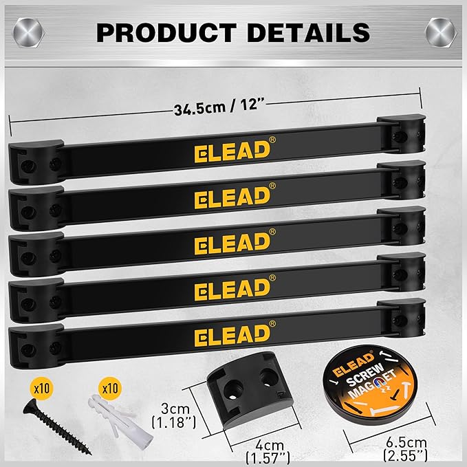 ELEAD 6-Piece 12" Magnetic Tool Holder Storage Organizer - Wall Mount Rack Garage Organization Power Magnet Hanger Workbench Board Slatwall Van Organizers Mounted Hanging Strip