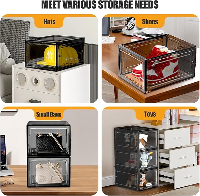 Hat Organizer Box, Stackable Clear Baseball Caps Holder Box Containers with Magnetic Door for Hats Snapback Cap Storag, Hat Rack Display Case, Holds 8 Hats Each (Black, 4 Pack)