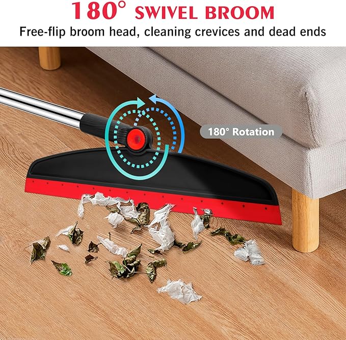 Multifunction Magic Broom, 54 Inch Adjustable Long Handle Silicone Floor Squeegee Broom, Sweep and Scrape 2 in 1 Household Cleaning Brooms for Floor, Bathrooms, Showers, Tile, Pet Hair, Black Red