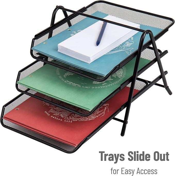Mind Reader 3-Tier Paper Tray, Desktop Organizer, File Storage, Workspace, Office, Metal Mesh, 11.75"L x 13.75"W x 10"H, Black