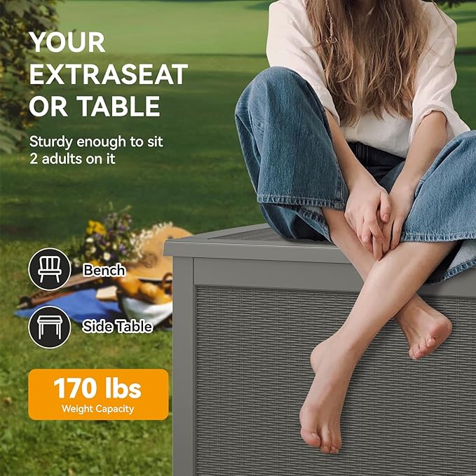 KAMABOKO 260 Gallon Outdoor Storage Box, Resin Deck Boxes Indoor and outdoor, Waterproof Storage Box Lockable Lid for Garden Tools, Package Delivery, Patio Cushions, Grey