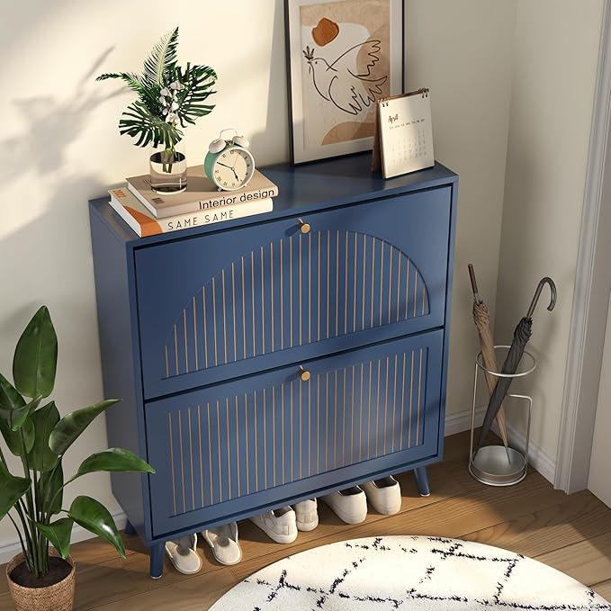 Shoe Storage Cabinet for Entryway with 2 Flip Drawers, Narrow Wood Shoe Cabinet with Fluted Panel, Freestanding Hidden Shoe Organizer for Foyer, Hallway (Blue - with Shelf)