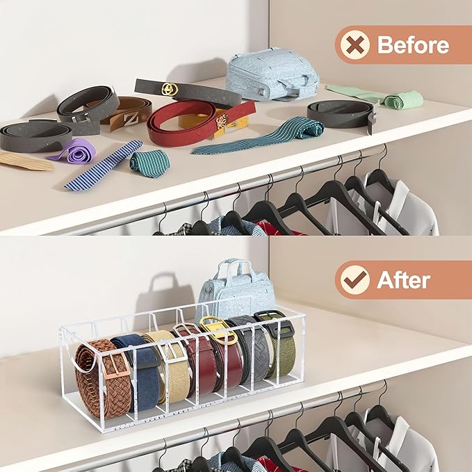 Belt Organizer, Acrylic Belt Storage Organizer for Closet with Dust Cover and Drawer,7 Compartments Transparent Display Case for Belts