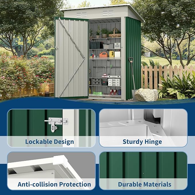 5x3FT Shed & Outdoor,Storage Shed with Lockable Door,Anti-Corrosion Storage House with Sloping Roof for Backyard Outdoor Patio(Green)