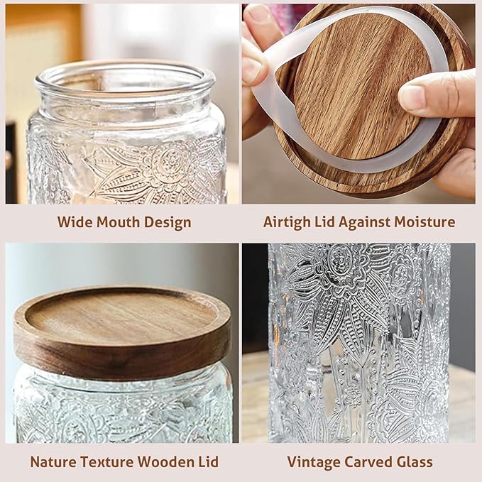 34 OZ Airtight Glass Storage Jar with Bamboo Lid - Vintage Glass Jar Vintage Food Containers Canisters Set for Kitchen Counter & Pantry - Ideal for Sugar, Flour, Coffee, Tea, Candy, Oats -2 Pack
