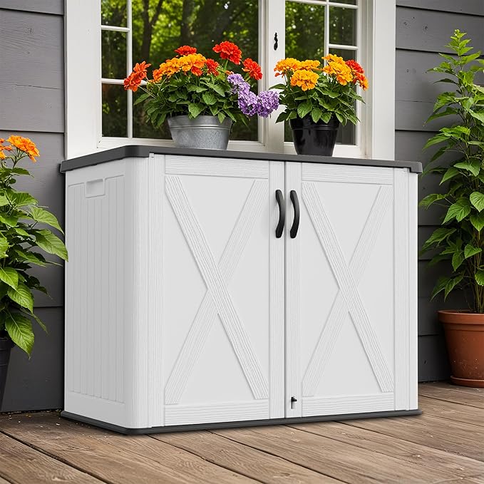 Greesum Outdoor Storage Cabinet, 25 CUFT Deck Box Without Shelves, Waterproof Plastic Storage Shed for Patio Cushions, Gardening Tools, Lockable and Sidehandles, UV Resistant, White