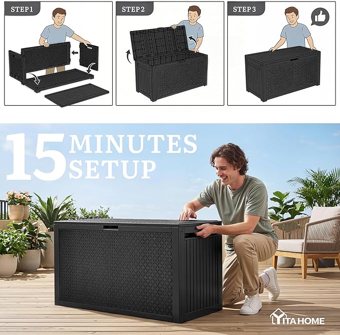 YITAHOME 90 Gallon Outdoor Deck Box, Lockable Resin Deck Box with Handles, Outdoor Storage Box for Patio Furniture, Garden Tools, Waterproof & UV Resistant, Black