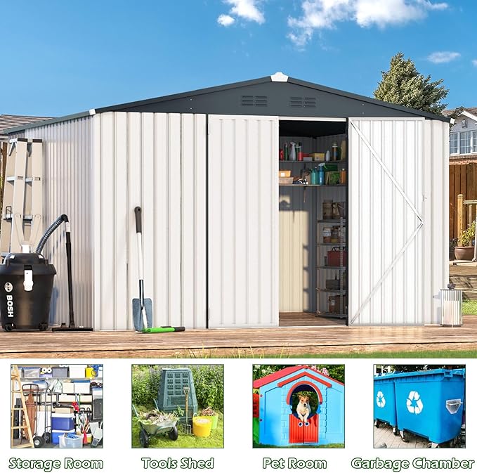 AECOJOY Shed 10'x12' Storage Shed Large, Sheds & Outdoor Storage Clearance 12x10 Sheds with Lockable Doors, Utility and Tool Storage Shed for Garden, Backyard, Patio, Outside use in White