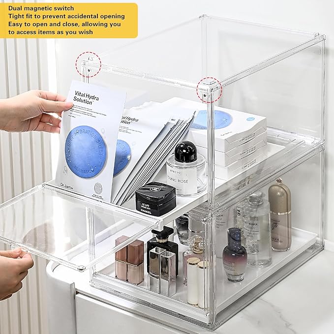 Hat Organizer Cap Box, Stackable Clear Baseball Caps Holder Containers with Magnetic Door for Hats Snapback Cap Storage, Pull Out Drawer Hat Rack Display Case (1pack)